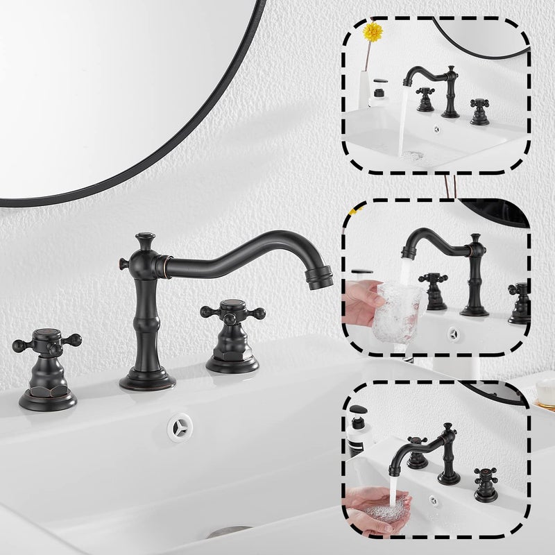 GGStudy Two Handles Three Holes Faucet 8-16 inch Widespread Bathroom Sink Faucet Oil Rubbed Bronze Basin Tap Mixer Supply Hose Included Matching Metal Pop Up Drain - Image 4